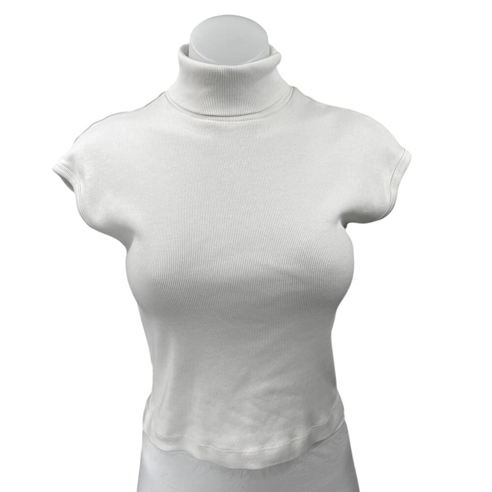 Zara Women's White Rib Knit Short Cap Sleeve Turtleneck Crop Sweater Top Size M